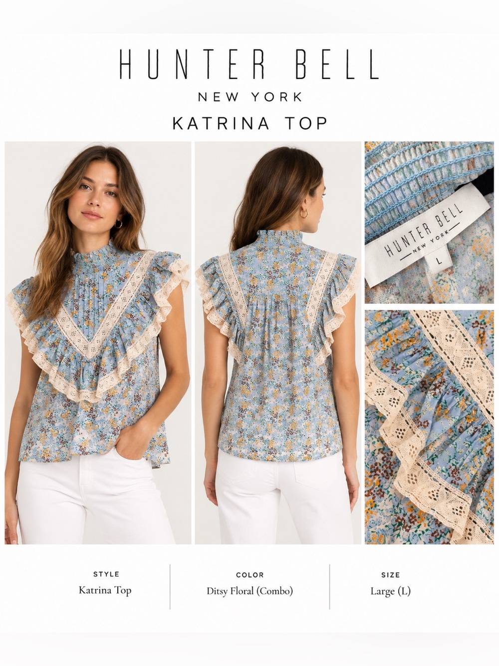 Hunter Bell Katrina Top Blue Floral Lace Trim Size L
